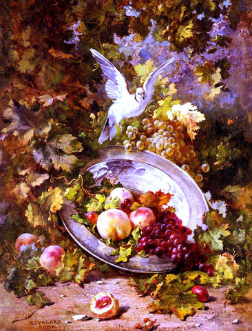  Antoine Bourland Peaches And Grapes With A Dove - Hand Painted Oil Painting