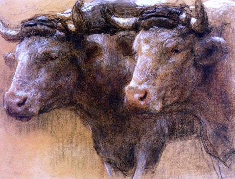  Leon Augustin L'hermitte) Heads of Two Oxen, Study for 'La Famille' - Hand Painted Oil Painting