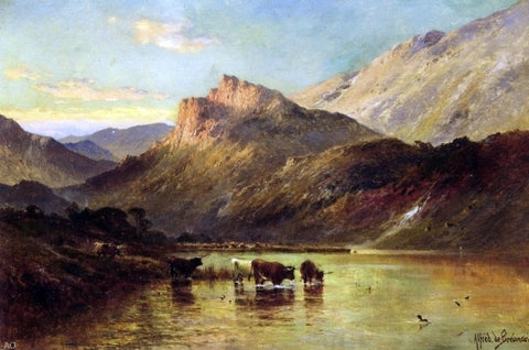 Senior Alfred De Breanski Cattle Watering in a Mountainous Landscape - Hand Painted Oil Painting