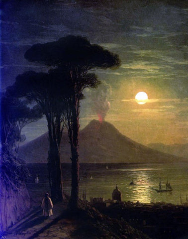  Ivan Constantinovich Aivazovsky The Bay of Naples at Moonlit Night, Vesuvius - Hand Painted Oil Painting