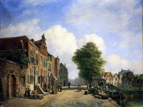  Marinus Van Raden A View in a Town with Townsfolk on a Street Along a Canal - Hand Painted Oil Painting