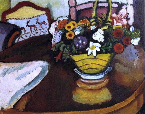  August Macke Still Life with Stag Cushion and Flowers - Hand Painted Oil Painting