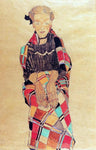  Egon Schiele Girl in Black Pinafore, Wrapped in Plaid blanket - Hand Painted Oil Painting