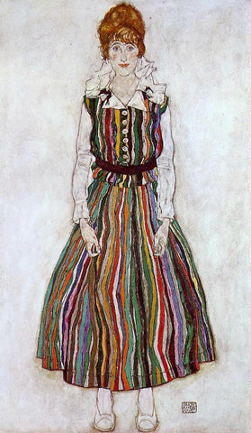  Egon Schiele Portrait of Edith Schiele in a Striped Dress - Hand Painted Oil Painting