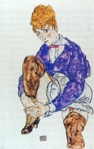 Egon Schiele Portrait of the Artist's Wife Seated, Holding Her Right Leg - Hand Painted Oil Painting