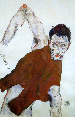  Egon Schiele Self Portrait in Jerkin with Right Elbow Raised - Hand Painted Oil Painting