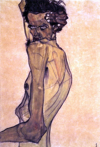  Egon Schiele Self Portrait with Arm Twisting above Head - Hand Painted Oil Painting