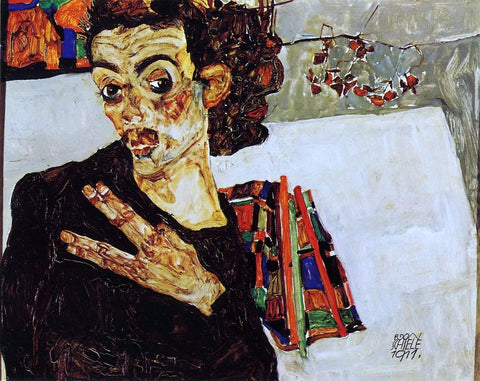  Egon Schiele Self Portrait with Black Vase and Spread Fingers - Hand Painted Oil Painting
