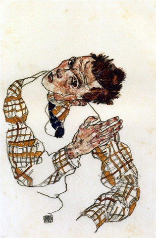  Egon Schiele Self-Portrait with Checkered Shirt - Hand Painted Oil Painting