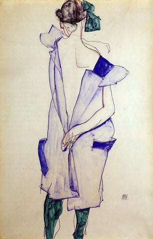  Egon Schiele Standing Girl in a Blue Dress and Green Stockings, Back View - Hand Painted Oil Painting