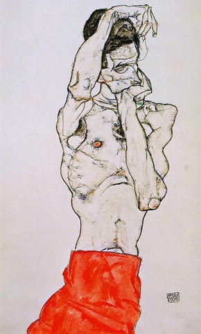  Egon Schiele Standing Male Nude with a Red Loincloth - Hand Painted Oil Painting