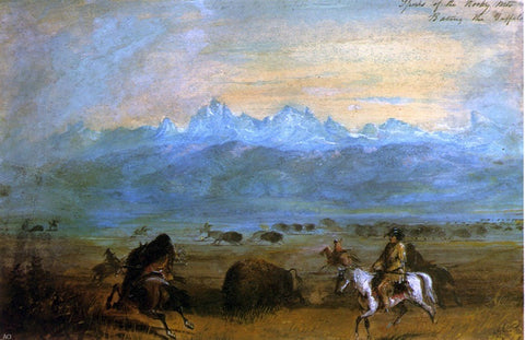  Alfred Jacob Miller Spurs of the Rocky Mountains - Baiting the Buffalo - Hand Painted Oil Painting