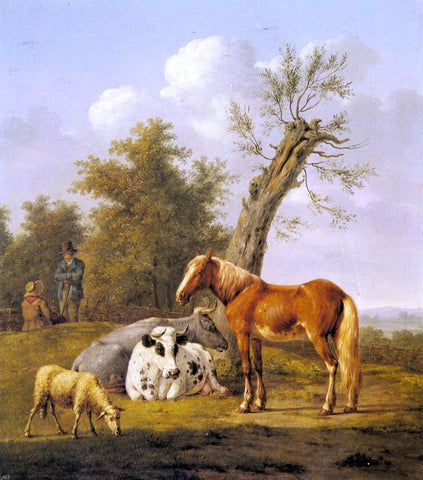 Anthony Oberman Cows, a Horse and a Sheep Resting by a Blasted Oak - Hand Painted Oil Painting