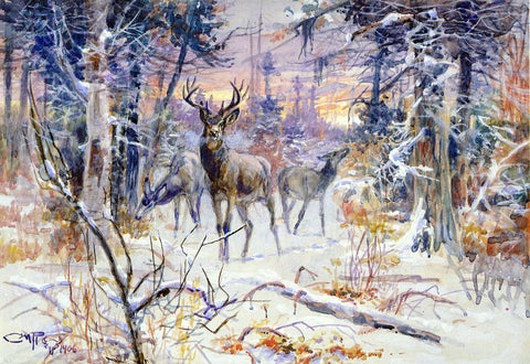  Charles Marion Russell A Deer in a Snowy Forest - Hand Painted Oil Painting