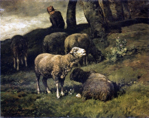  Charles Emile Jacque Grazing Sheep with a Sheperdhess Beyond - Hand Painted Oil Painting
