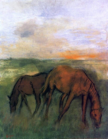 Edgar Degas Two Horses in a Pasture - Hand Painted Oil Painting
