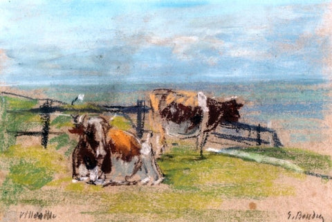  Eugene-Louis Boudin Cows on a Cliff at Villerville - Hand Painted Oil Painting