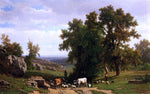  Eugene Verboeckhoven An Extensive Wooded Rocky Landscape with Shepherds and Flock, Cows and a Traveller on a Horseback - Hand Painted Oil Painting