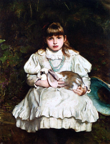  Frank Holl Portrait of a Young Girl Holding a Pet Rabbit - Hand Painted Oil Painting