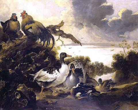  Gijsbert Gillisz De Hondecoeter Fowl on a Riverbank - Hand Painted Oil Painting