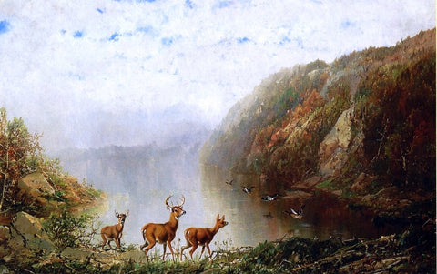  Herman Herzog Landscape with Deer and Ducks - Hand Painted Oil Painting