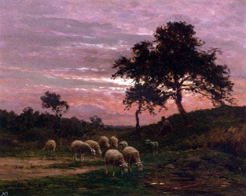  Jean Ferdinand Chaigneau Shepherd and his Flock at Sunset - Hand Painted Oil Painting