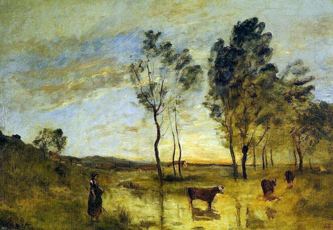  Jean-Baptiste-Camille Corot Le Gue (also known as Cows on the Banks of the Gue) - Hand Painted Oil Painting