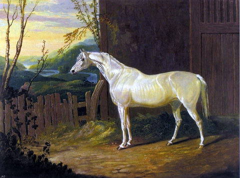  Sr. John Frederick Herring A Gray Arab Mare outside a Stable in an Extensive River Landscape - Hand Painted Oil Painting