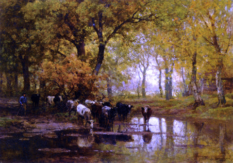  Julius Jacobus Van De Sande Bakhuyzen Watering Cows in a Pond - Hand Painted Oil Painting