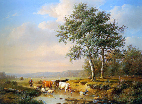  Louis Pierre Verwee An Extensive Landscape with Cattle Watering - Hand Painted Oil Painting