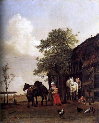  Paulus Potter Figures with Horses by a Stable - Hand Painted Oil Painting