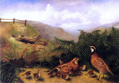  Rubens Peale Landscape with Quail - Cock, Hen and Chickens - Hand Painted Oil Painting