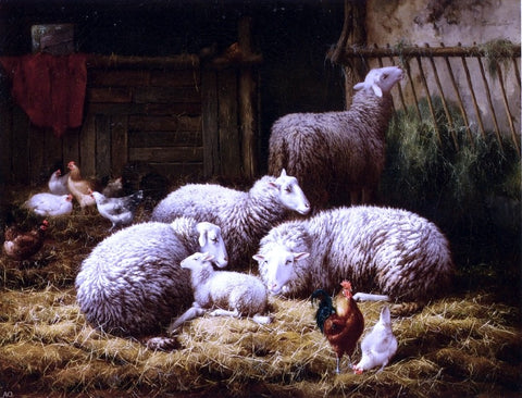  Theo Van Sluys Sheep, Roosters and Chickens in a Barn - Hand Painted Oil Painting