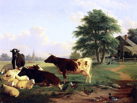  Thomas Hewes Hinckley Landscape,: Cattle, Woman, Boy and Newfoundland Dog - Hand Painted Oil Painting