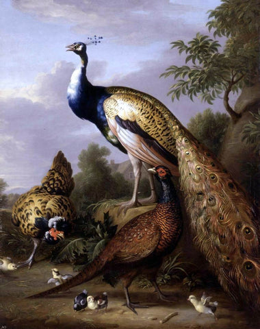  Tobias Stranover Peacock, Hen and Cock Pheasant in a Landscape - Hand Painted Oil Painting
