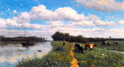  Willem Roelofs Cows Grazing Near a Canal, Schiedam - Hand Painted Oil Painting