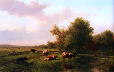  Willem Vester A Landscape With Cows On A Riverbank, A Farm Beyond - Hand Painted Oil Painting