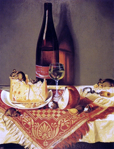  William Aiken Walker Still LIfe with Cheese, Bottle of Wine and Mouse - Hand Painted Oil Painting