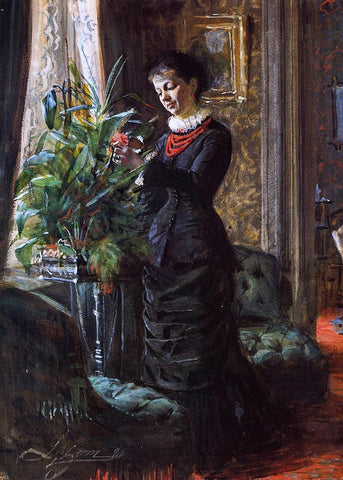  Anders Zorn Portrait of Fru Lisen Samson, nee Hirsch, Arranging Flowers at a Window - Hand Painted Oil Painting