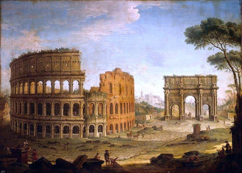  Antonio Joli Rome: View of the Colosseum and The Arch of Constantine - Hand Painted Oil Painting