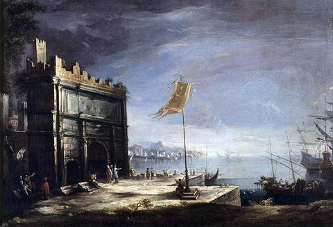  Antonio Stom Capriccio of a Port Scene with a Classical Arch - Hand Painted Oil Painting