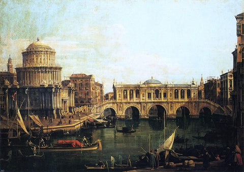  Canaletto Capriccio of the Grand Canal with an Imaginary Rialto Bridge and Other Buildings - Hand Painted Oil Painting