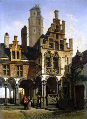  Francois Stroobant Courtyard of the Palace of Marguerite of Austria in Mechelen - Hand Painted Oil Painting