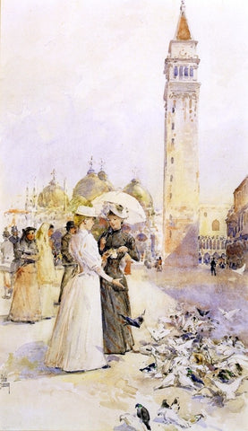  Frederick Childe Hassam Feeding Pigeons in the Piazza - Hand Painted Oil Painting