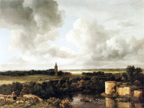  Jacob Van Ruisdael Landscape with Church and Ruined Castle - Hand Painted Oil Painting