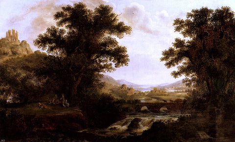  James Lambert An Italianate Landscape With Drovers Crossing A Bridge And Figures By A Camp Fire - Hand Painted Oil Painting