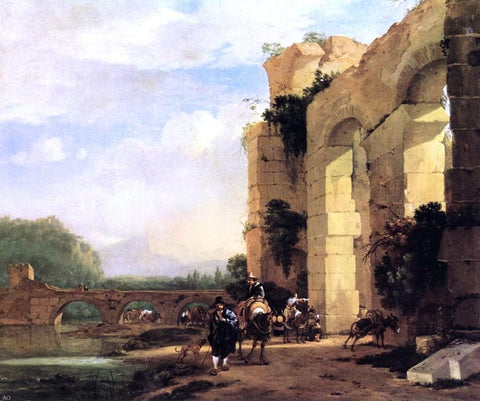  Jan Asselyn Italian Landscape with the Ruins of a Roman Bridge and Aqueduct - Hand Painted Oil Painting