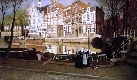  Johannes Karel Klinkenberg A View in Delfshaven with Women in Custume conversing on a Quay along a Canal - Hand Painted Oil Painting