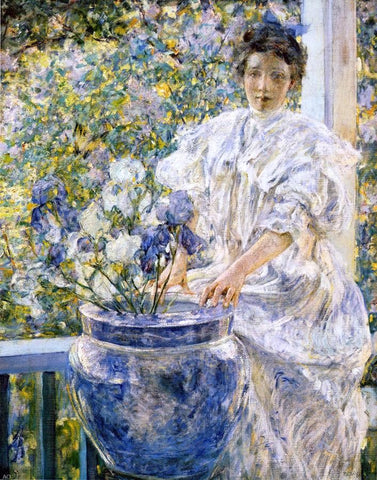  Robert Lewis Reid Woman on a Porch with Flowers - Hand Painted Oil Painting