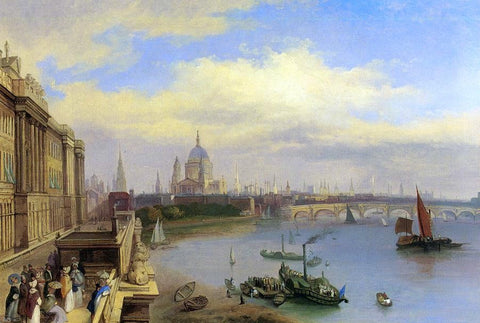  William Parrott Figures Promenading Outside Somerset House, St. Paul's Cathedral Beyond - Hand Painted Oil Painting